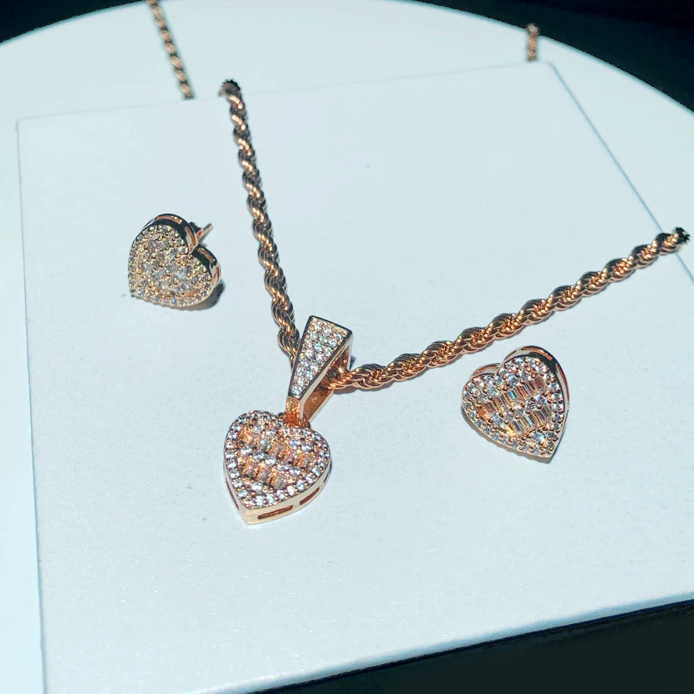 Iced Out Bling Cubic Zirconia Heart Shaped Earring Necklace Fashion Women Lover Gift Jewelry Set