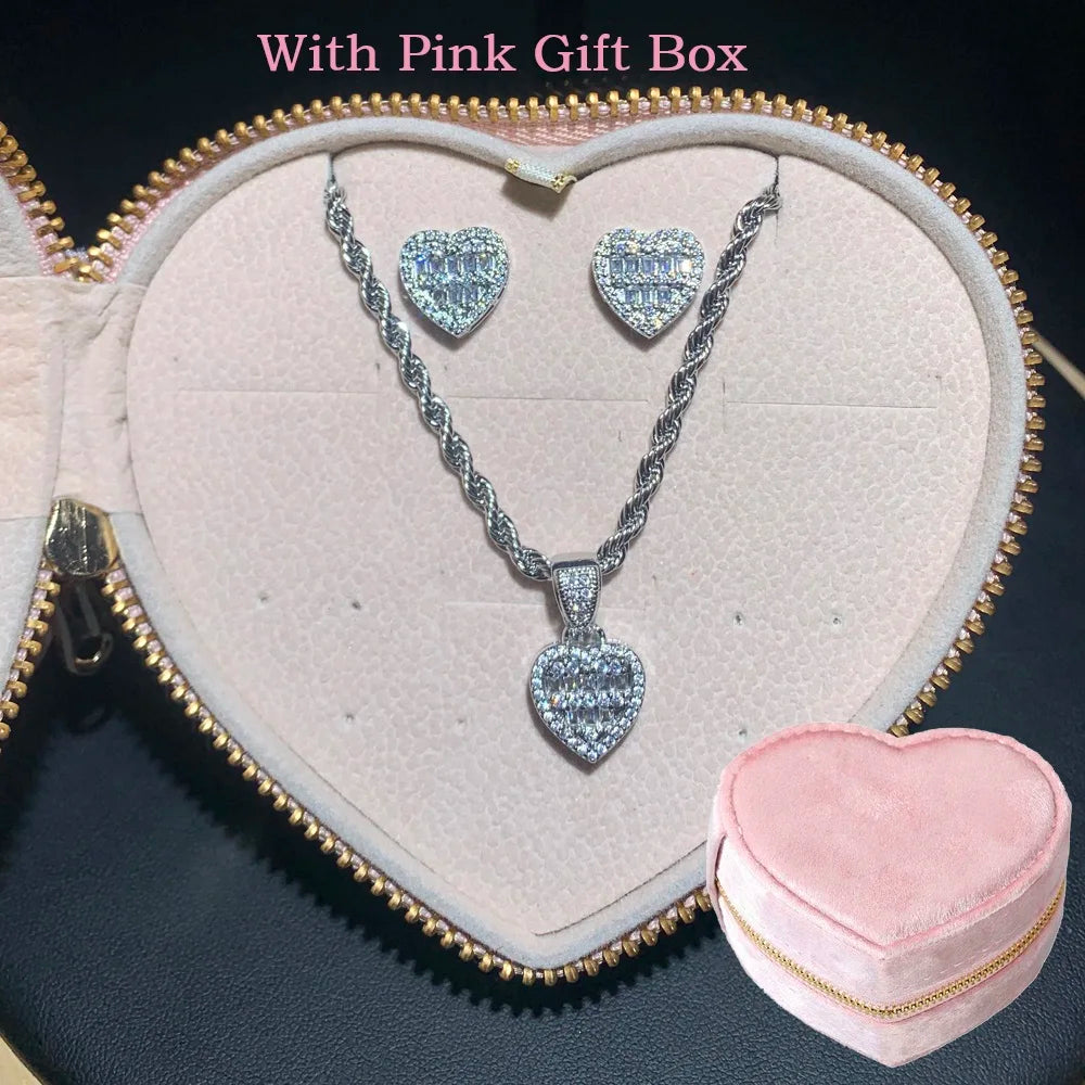 Iced Out Bling Cubic Zirconia Heart Shaped Earring Necklace Fashion Women Lover Gift Jewelry Set