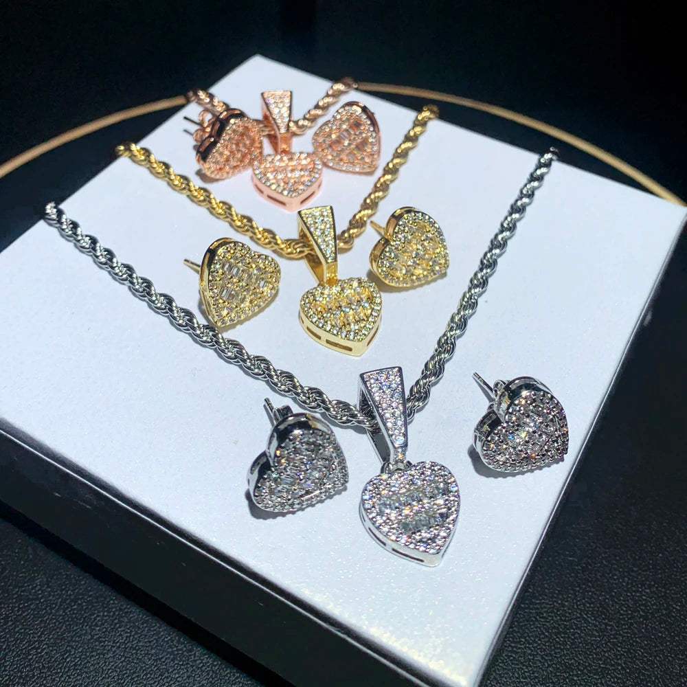 Iced Out Bling Cubic Zirconia Heart Shaped Earring Necklace Fashion Women Lover Gift Jewelry Set