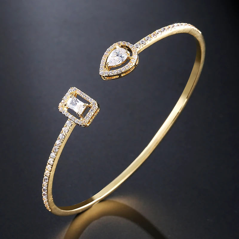 Luxury Geometry Gold Color Cuff Bangles For Women Fashion Cubic Zirconia Bracelets Every Day Jewelry.