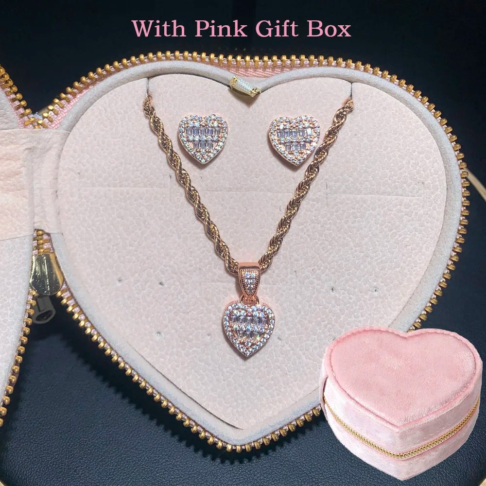 Iced Out Bling Cubic Zirconia Heart Shaped Earring Necklace Fashion Women Lover Gift Jewelry Set