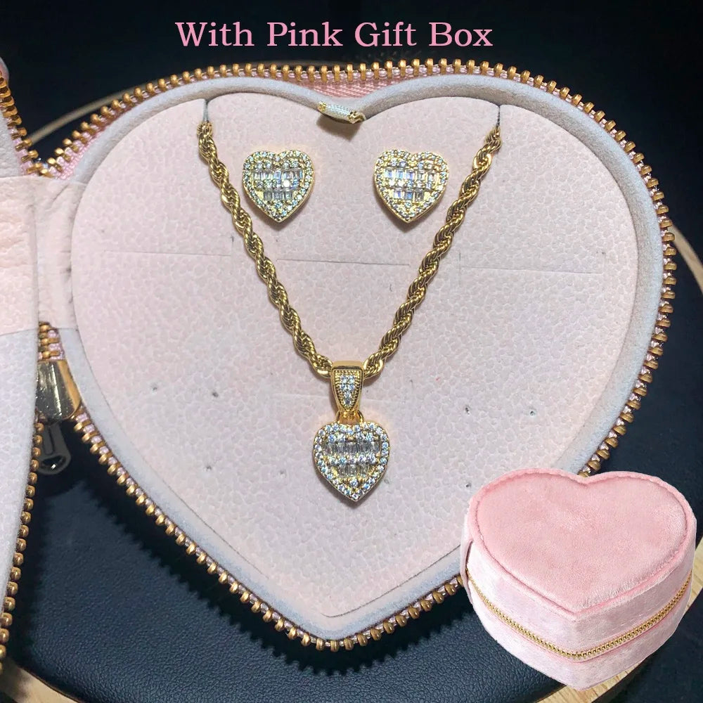 Iced Out Bling Cubic Zirconia Heart Shaped Earring Necklace Fashion Women Lover Gift Jewelry Set