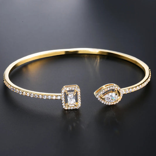 Luxury Geometry Gold Color Cuff Bangles For Women Fashion Cubic Zirconia Bracelets Every Day Jewelry.