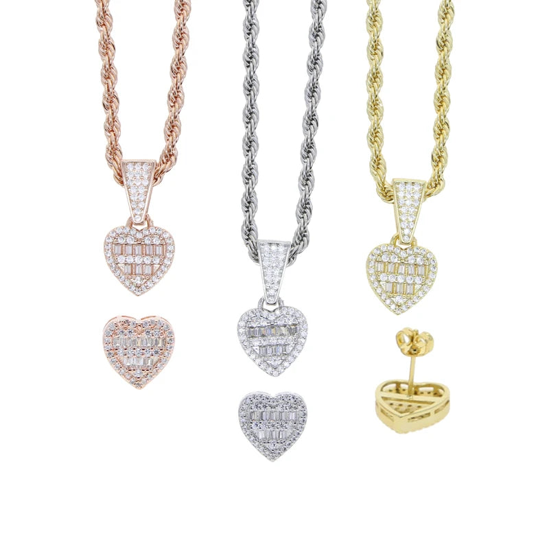 Iced Out Bling Cubic Zirconia Heart Shaped Earring Necklace Fashion Women Lover Gift Jewelry Set