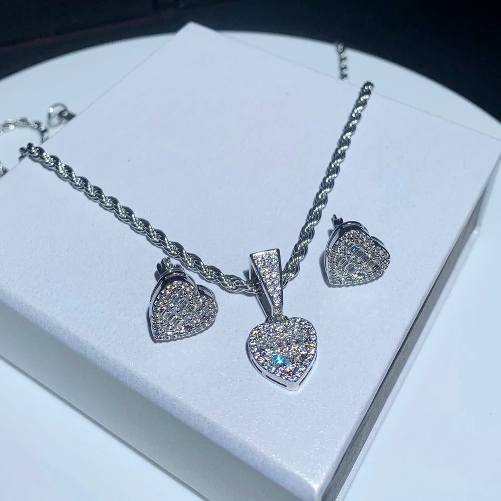 Iced Out Bling Cubic Zirconia Heart Shaped Earring Necklace Fashion Women Lover Gift Jewelry Set