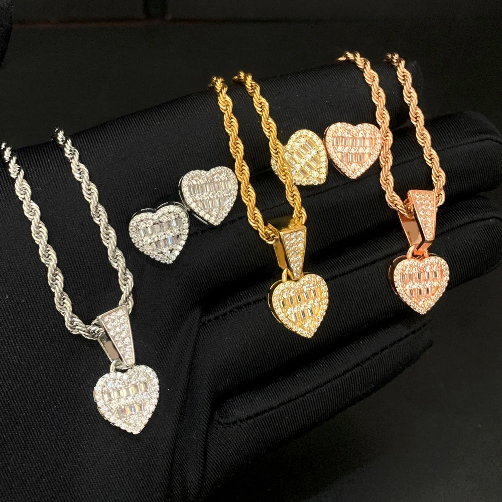 Iced Out Bling Cubic Zirconia Heart Shaped Earring Necklace Fashion Women Lover Gift Jewelry Set